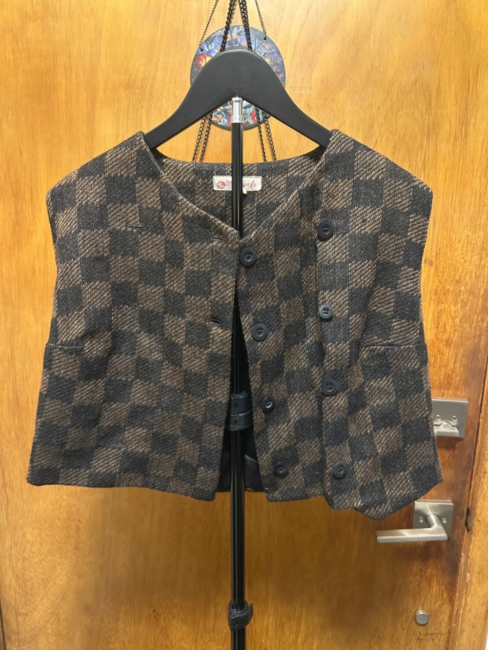 Vintage Checkerboard Cropped Wool Vest in Brown & Black by